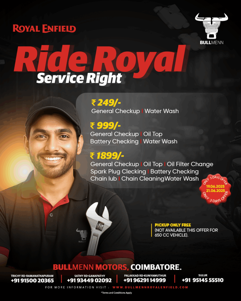 Bullmenn Motors Current Service Offer for Royal Enfield Bikes.