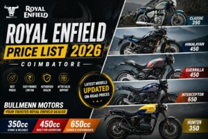 Royal Enfield Price List 2026 Coimbatore featuring Hunter 350, Himalayan 450, Guerrilla 450, Interceptor 650, and Classic 350 at Bullmenn Motors