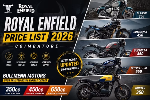 Royal Enfield Price List 2026 Coimbatore featuring Hunter 350, Himalayan 450, Guerrilla 450, Interceptor 650, and Classic 350 at Bullmenn Motors